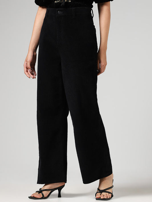 LOV Black Corduroy Wide-Leg Trousers