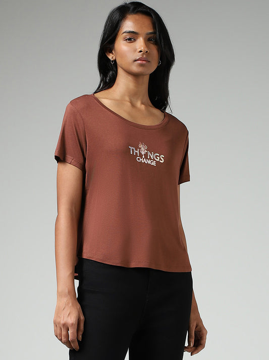 LOV Chocolate Brown Typographic Printed T-Shirt