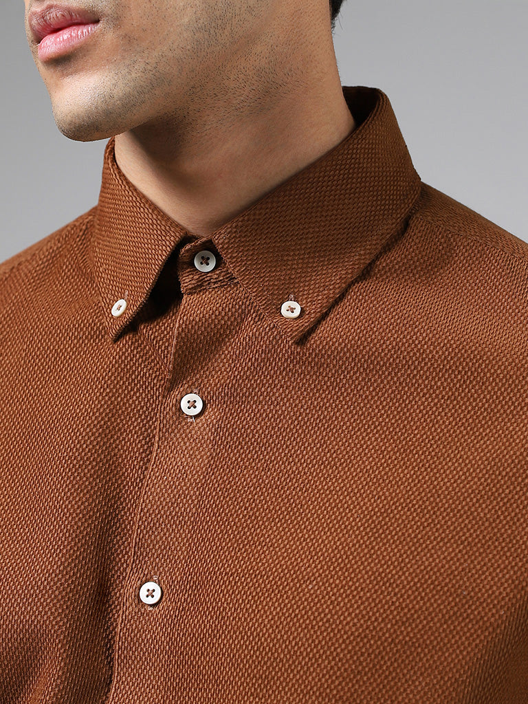 Ascot Tan Brown Cotton Relaxed Fit Dobby Shirt