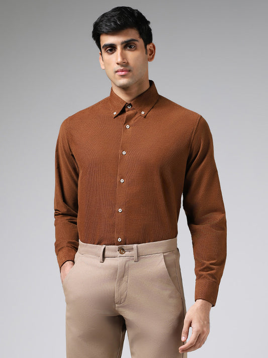 Ascot Tan Brown Cotton Relaxed Fit Dobby Shirt