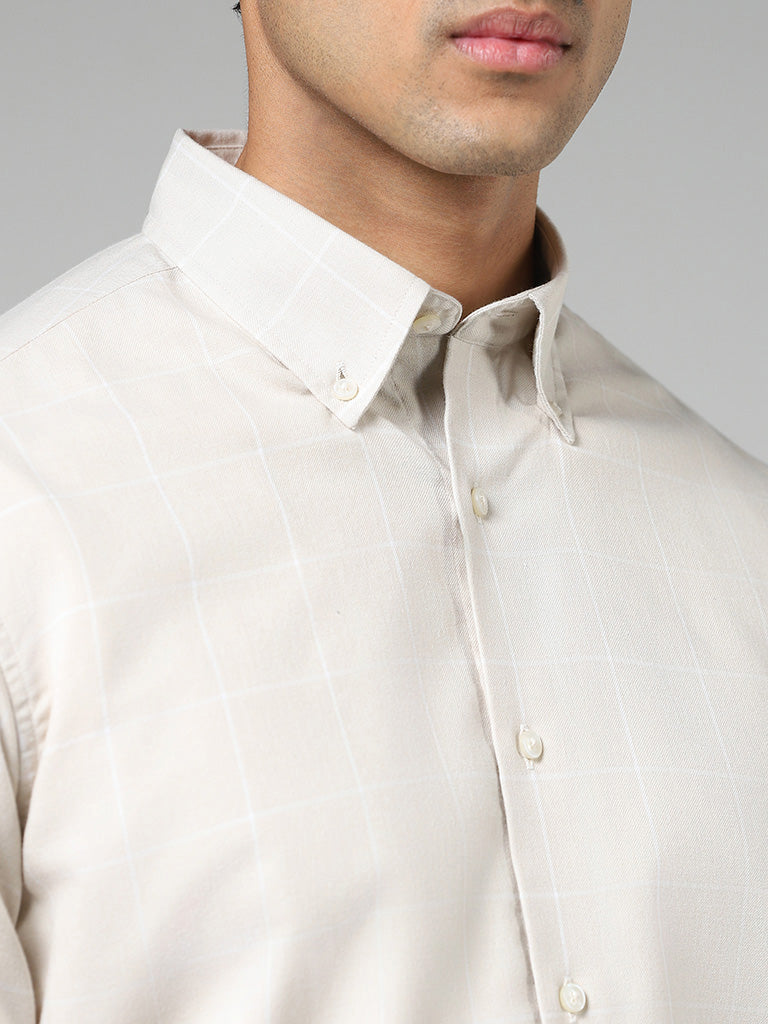 Ascot Cream Windowpane Checked Cotton Relaxed Fit Shirt