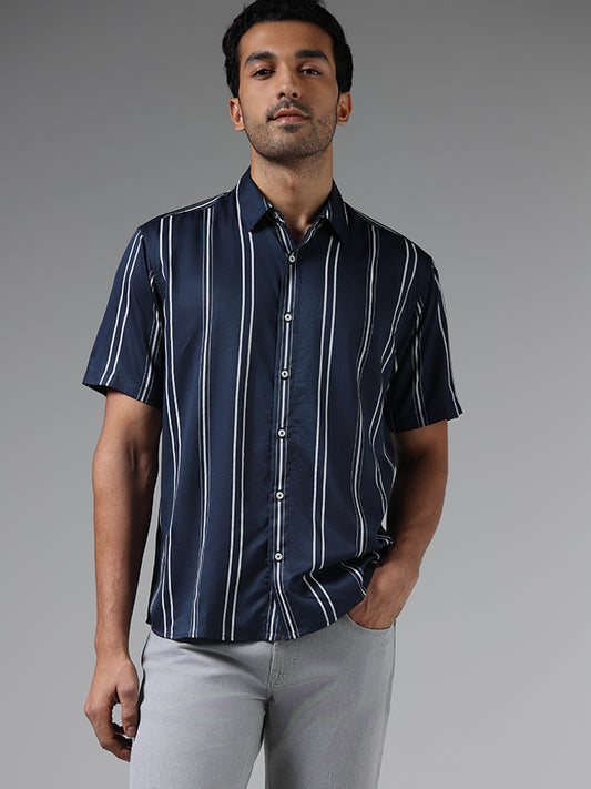 Ascot Navy Striped Relaxed Fit Shirt