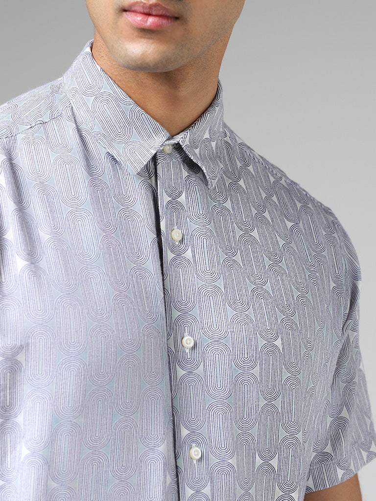 Ascot Light Blue Abstract Printed Relaxed Fit Blended Linen Shirt