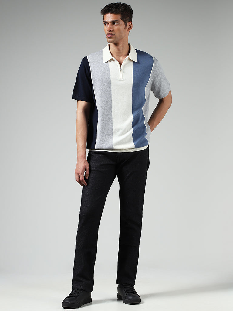 Ascot Navy Striped Relaxed Fit Polo T-Shirt