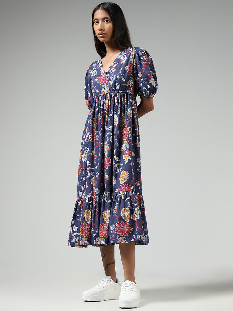 Buy Bombay Paisley Blue Floral Printed Cotton Tiered Midi Dress from ... image.