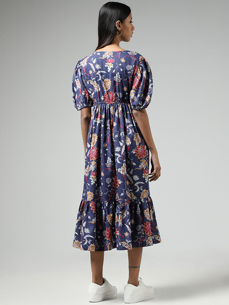 Bombay Paisley Blue Floral Printed Tiered Midi Dress