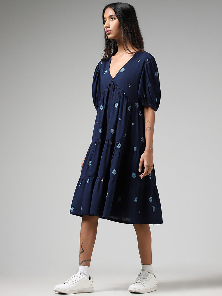 Bombay Paisley Navy Threadwork Embroidered Tiered Dress