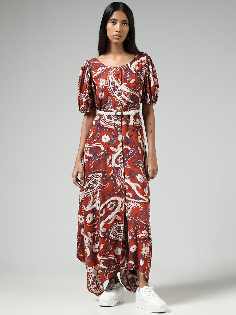 Bombay Paisley Rust Paisley Printed Buttoned Down Dress