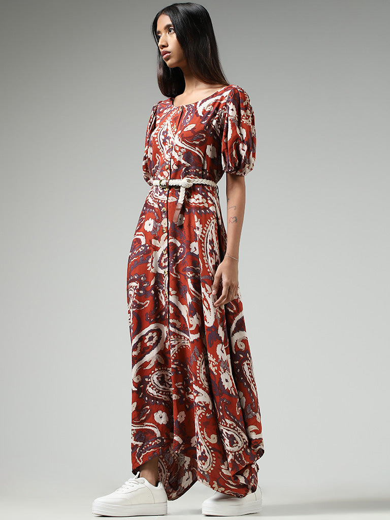 Bombay Paisley Rust Paisley Printed Buttoned Down Dress