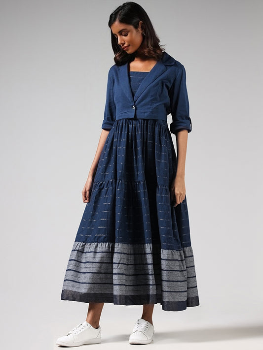 Bombay Paisley Blue Printed Tiered Dress and Solid Jacket Set