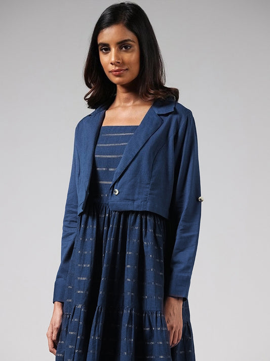 Bombay Paisley Blue Printed Cotton Blend Tiered Dress and Solid Jacket Set