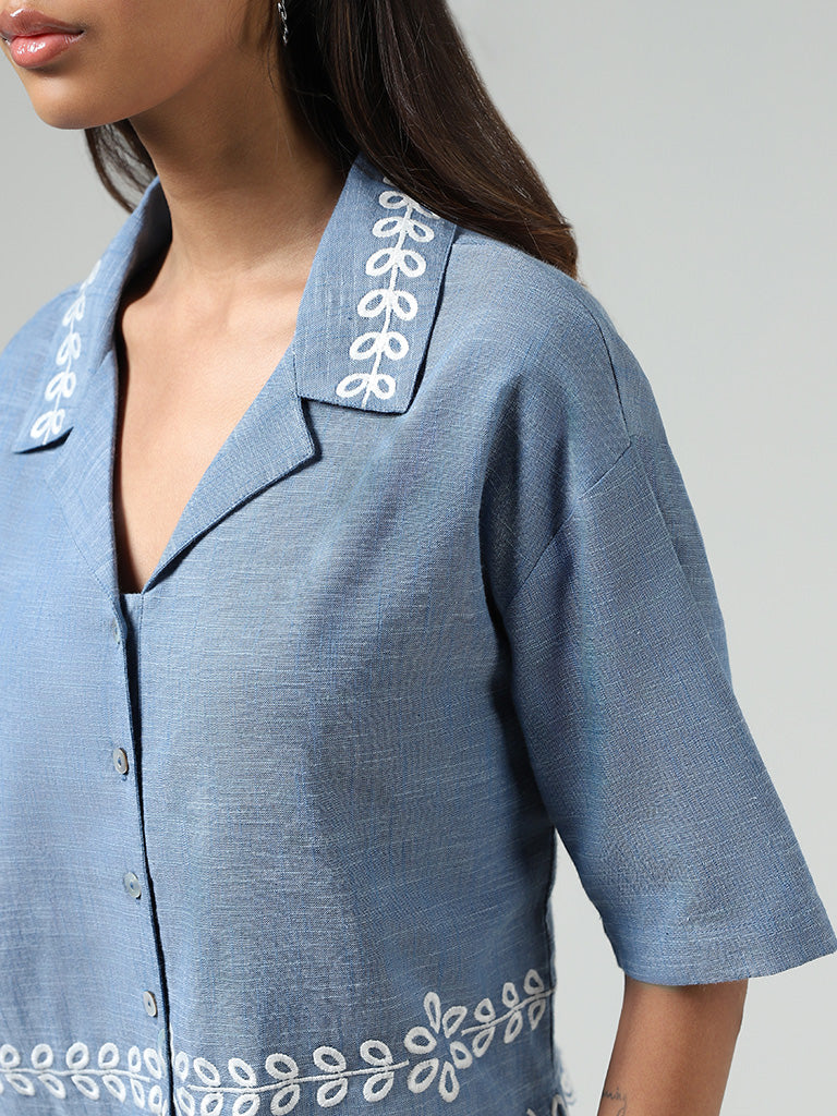 Bombay Paisley Blue Embroidered Scalloped-Hem Shirt