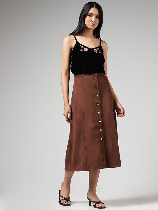 LOV Black Floral Embroidered Velvet Top