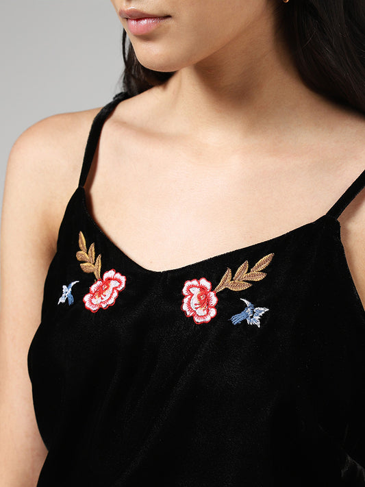 LOV Black Floral Embroidered Velvet Top
