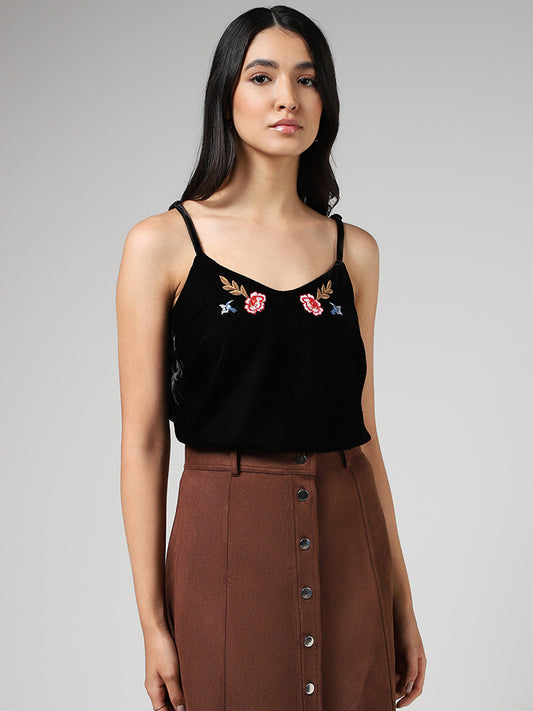LOV Black Floral Embroidered Velvet Top