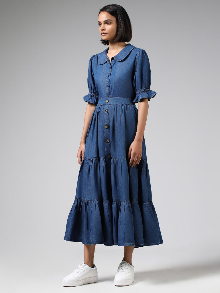 LOV Mid Blue Cotton Buttoned-Down Tiered Skirt
