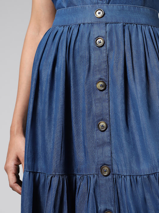 LOV Mid Blue Cotton Buttoned-Down Tiered Skirt