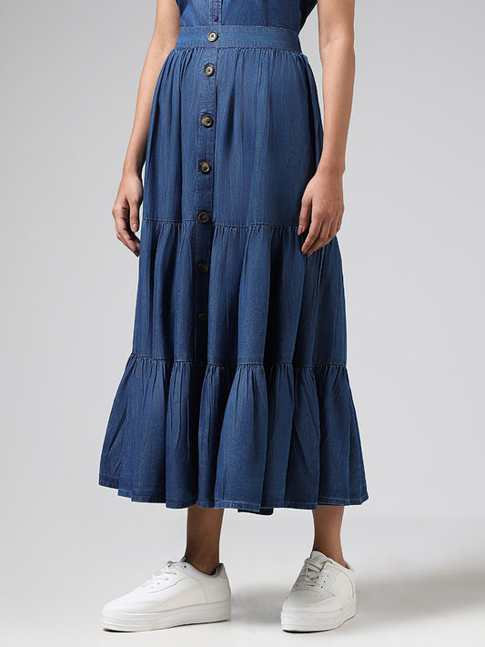 LOV Mid Blue Buttoned-Down Tiered Skirt