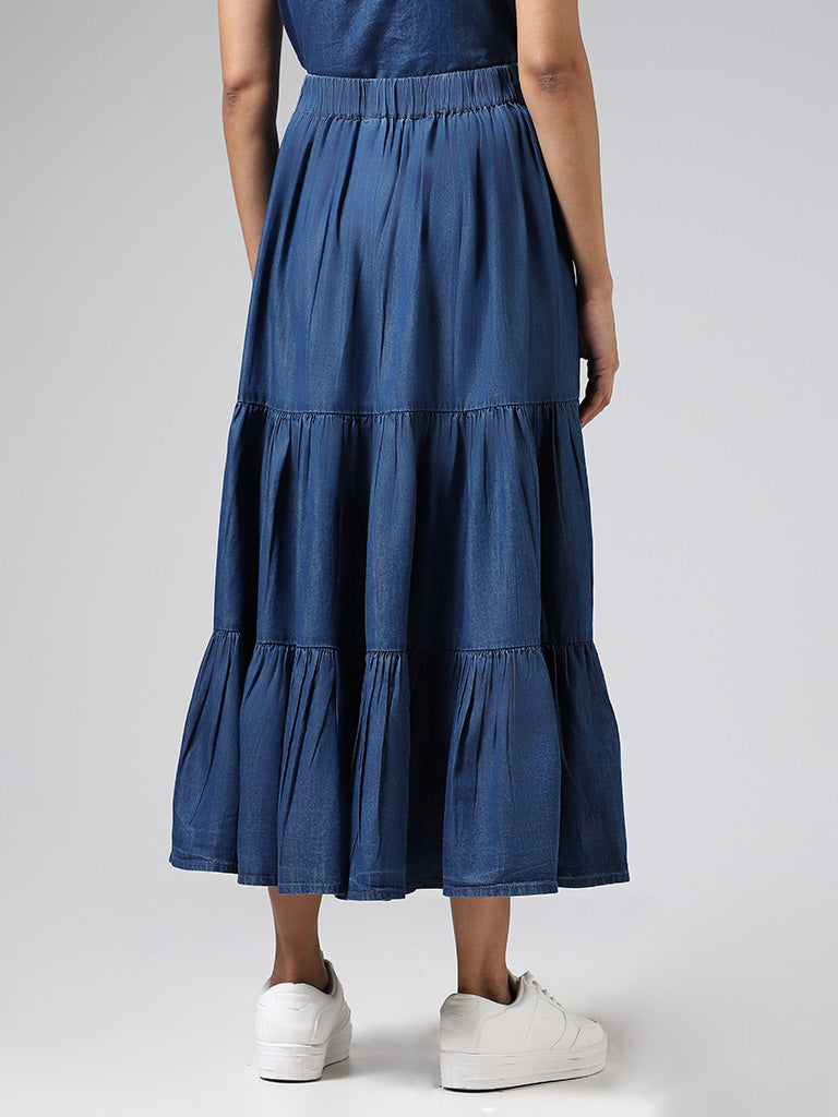 LOV Mid Blue Cotton Buttoned-Down Tiered Skirt