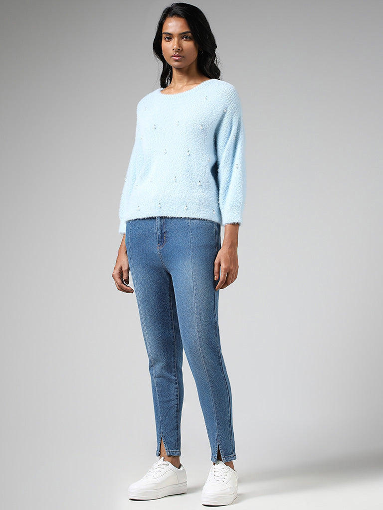 LOV Mid Blue Front-Seam Slit-Hem Denim Jeans