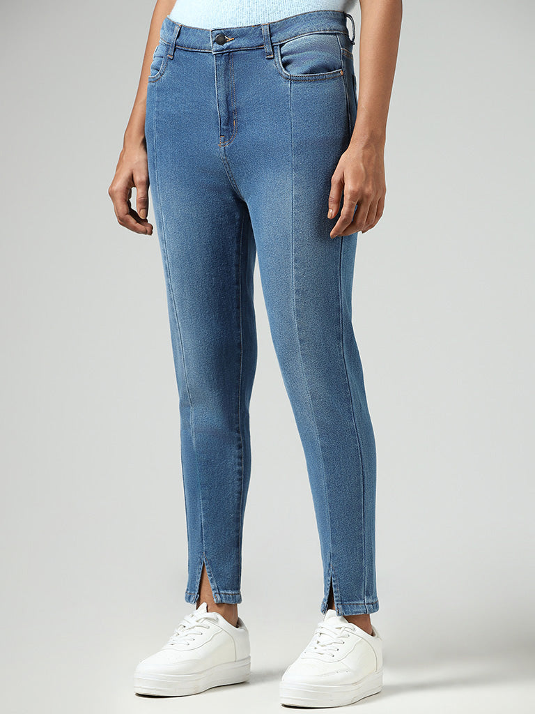 LOV Mid Blue Front-Seam Slit-Hem Denim Jeans