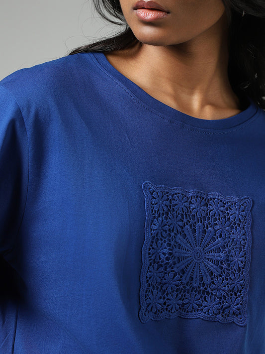 LOV Royal Blue Embroidered Patch Cotton T-Shirt