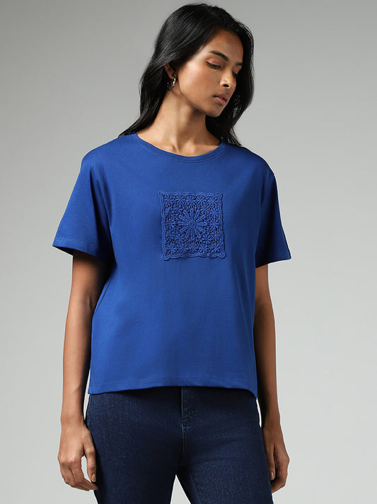 LOV Royal Blue Embroidered Patch Cotton T-Shirt