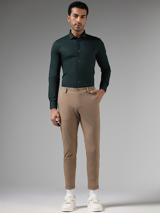 WES Formals Solid Dark Khaki Carrot Fit Trousers