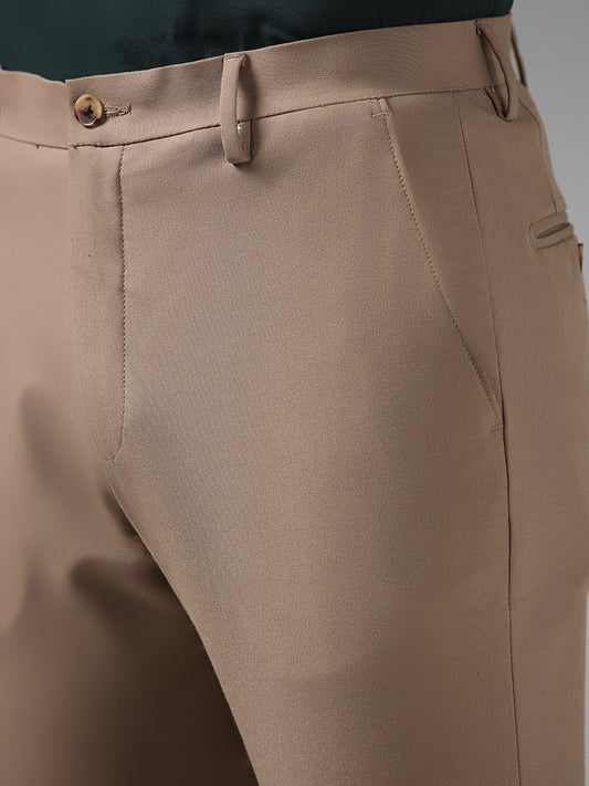 WES Formals Solid Dark Khaki Slim-Fit Mid-Rise Trousers
