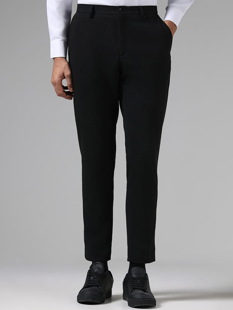 WES Formals Solid Black Slim Tapered Fit Trousers