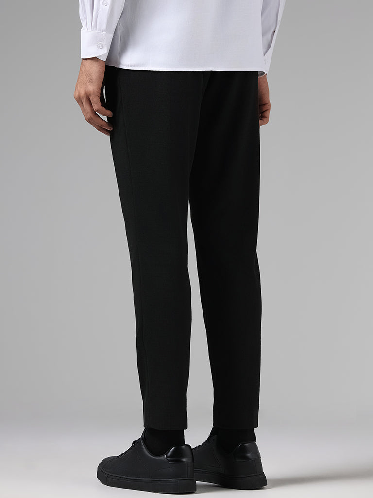 WES Formals Solid Black Slim Tapered Fit Trousers