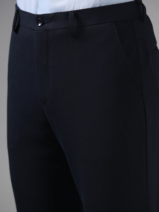 WES Formals Navy Slim-Fit Mid-Rise Trousers