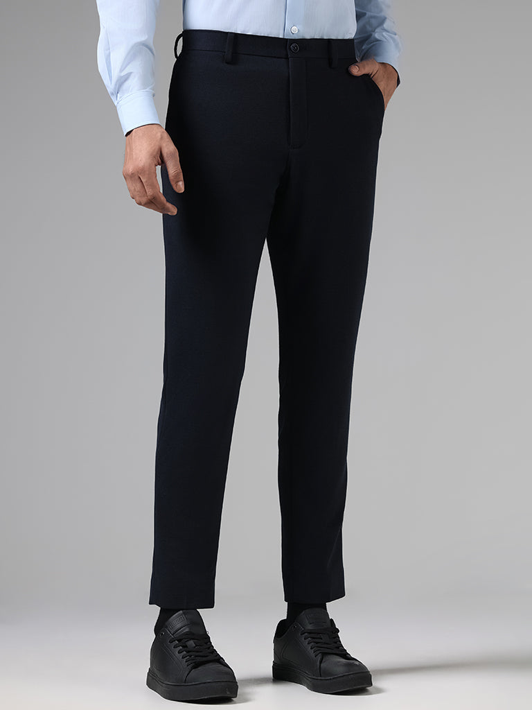 WES Formals Navy Slim Tapered Fit Trousers