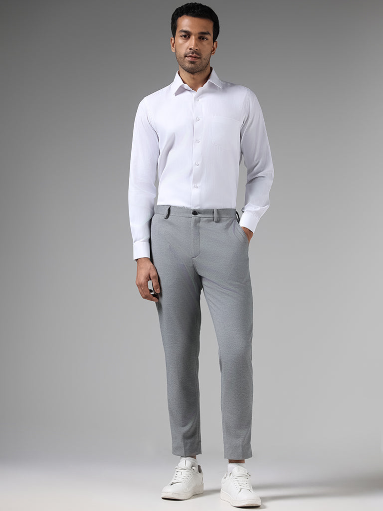 WES Formals Solid Grey Slim Tapered Fit Trousers