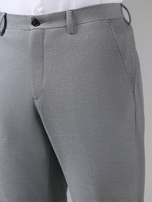 WES Formals Solid Grey Slim Tapered Fit Trousers