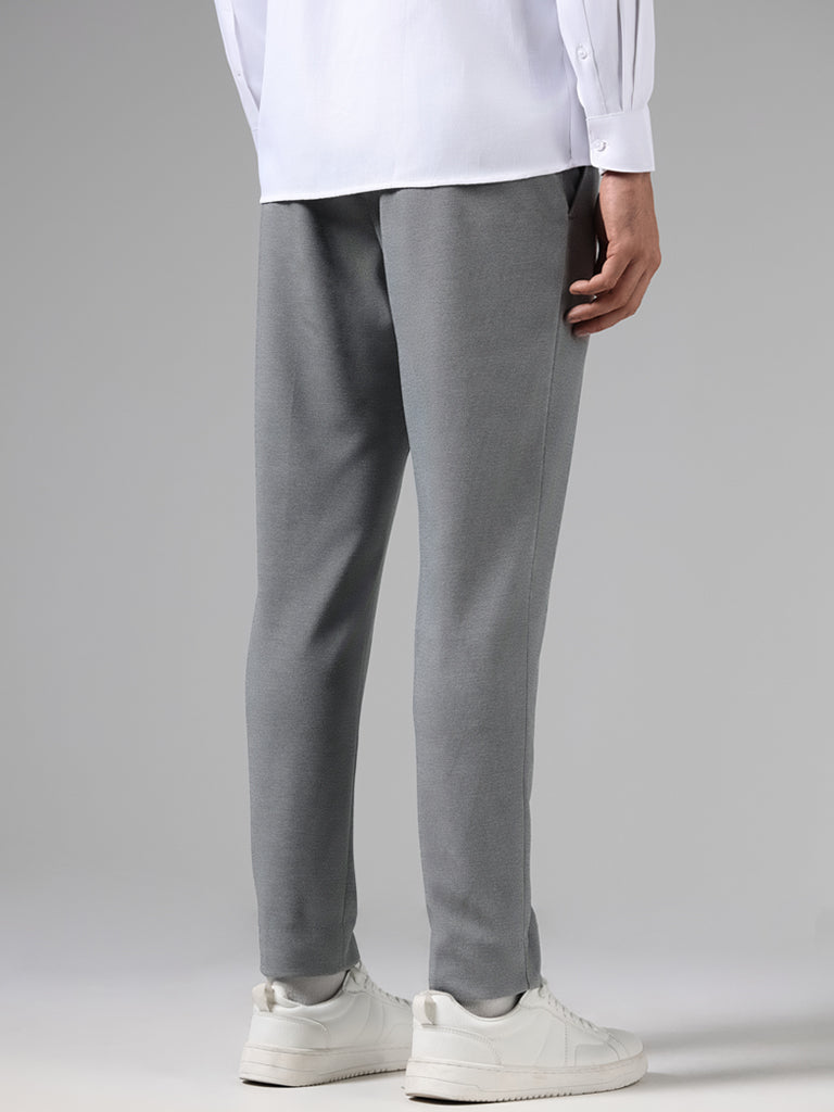 WES Formals Solid Grey Slim Tapered Fit Trousers