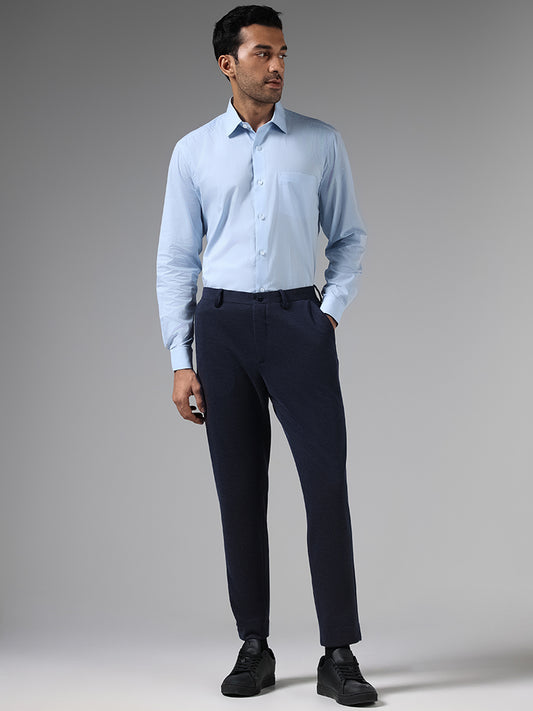 WES Formals Navy Self Textured Slim-Fit Mid-Rise Trousers