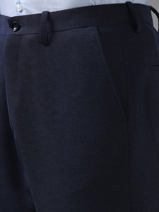 WES Formals Navy Self Textured Slim-Fit Mid-Rise Trousers