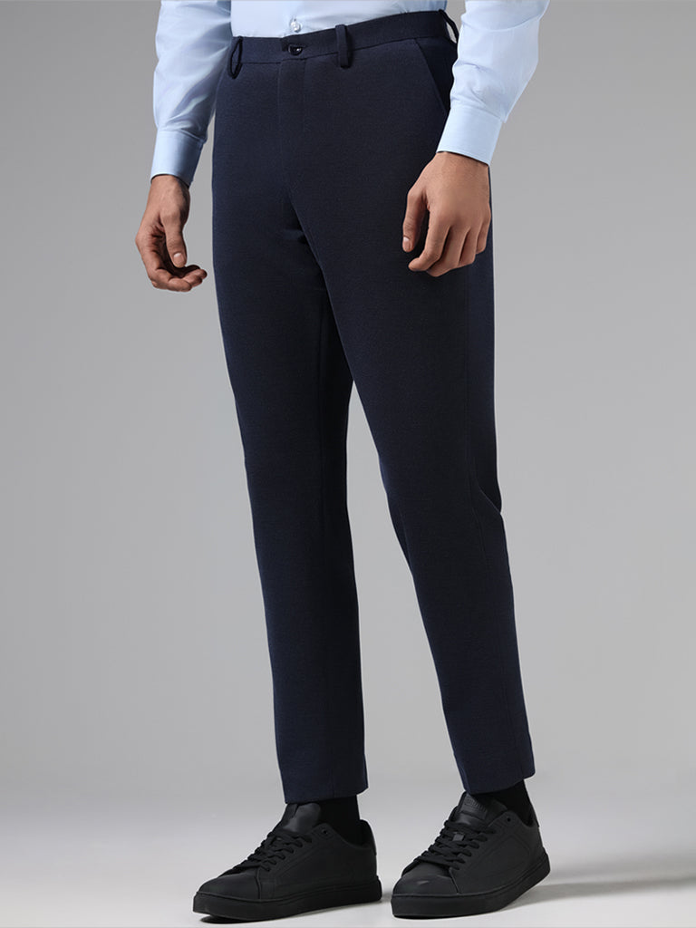 WES Formals Navy Self Textured Slim Tapered Fit Trousers