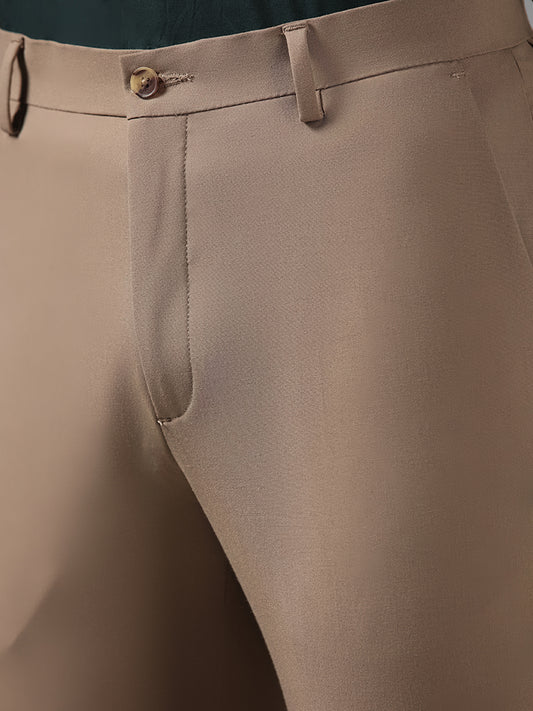 WES Formals Solid Dark Khaki Ultra Slim Fit Trousers