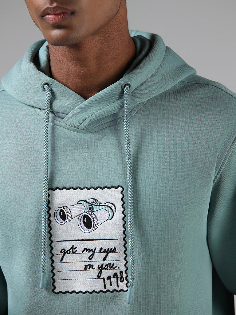 Nuon Light Teal Embroidered Relaxed Fit Hoodie