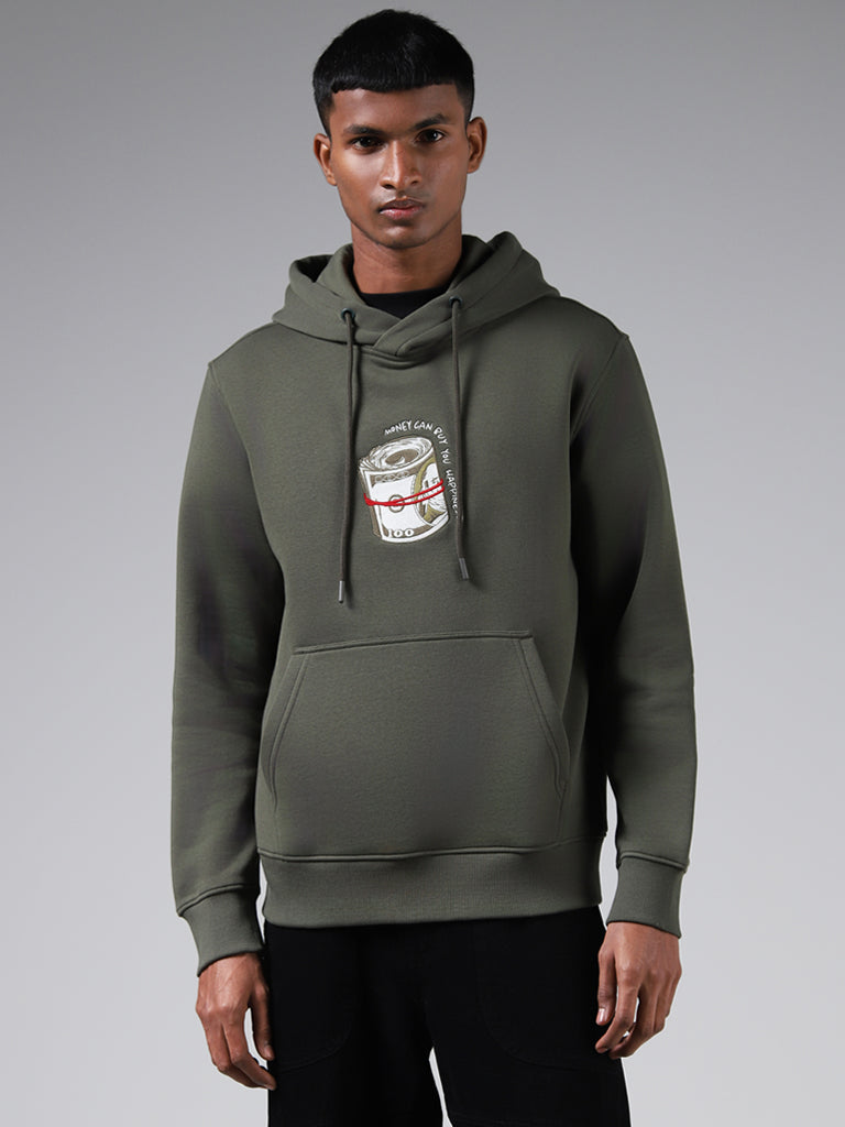 Nuon Embroidered Olive Relaxed Fit Hoodie