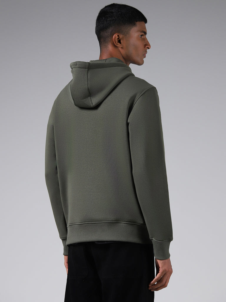 Nuon Embroidered Olive Cotton Blend Relaxed Fit Hoodie
