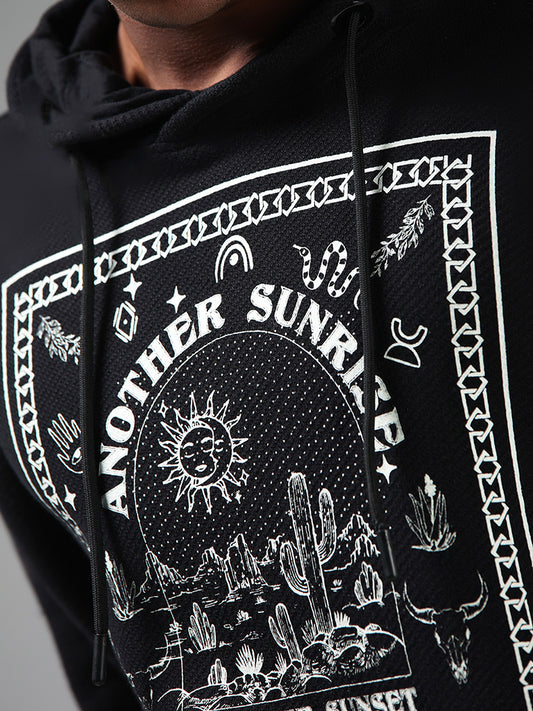 Nuon Black Typographic Knitted Relaxed Fit Hoodie