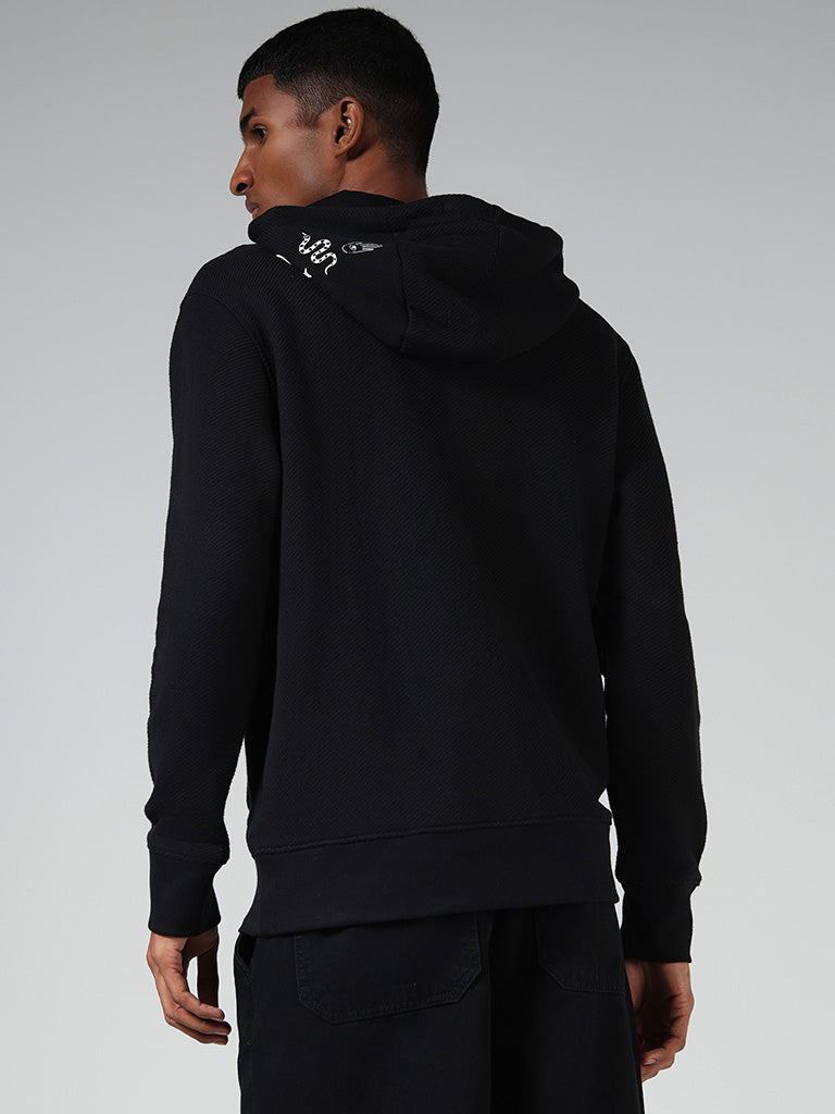 Nuon Black Typographic Knitted Relaxed Fit Hoodie