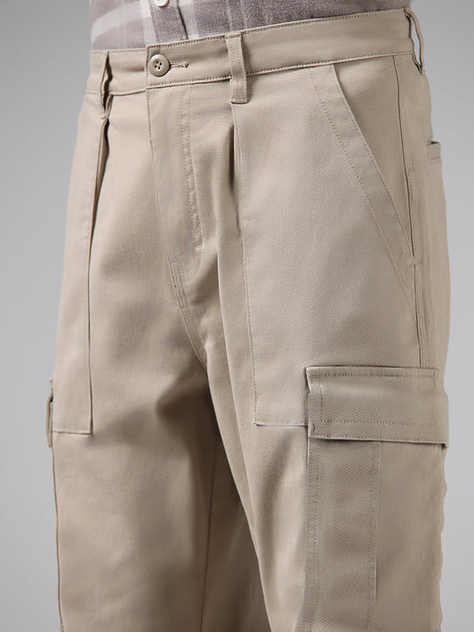 Nuon Beige Cotton Blend Relaxed-Fit Mid-Rise Cargo Chinos