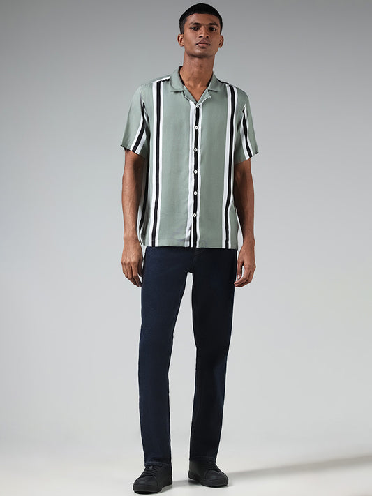 Nuon Green Striped Relaxed Fit Shirt