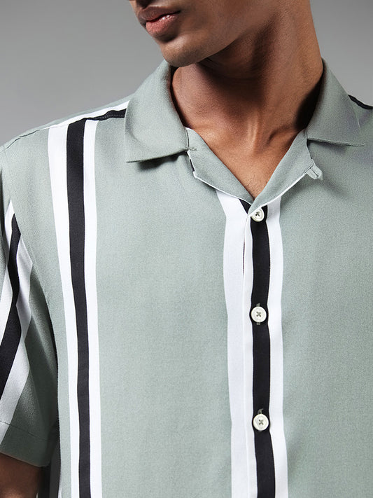Nuon Green Striped Relaxed Fit Shirt