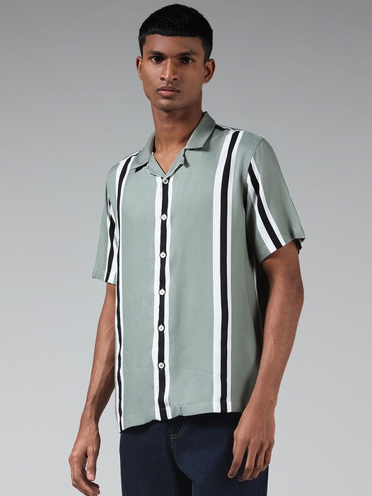 Nuon Green Striped Relaxed Fit Shirt