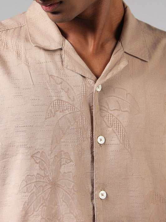 Nuon Beige Leaf Embroidered Cotton Blend Resort Fit Shirt